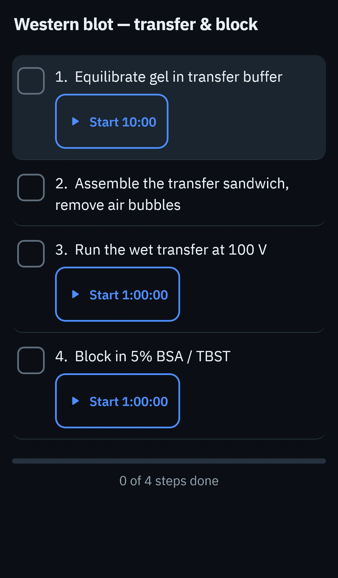 A Western blot protocol running step by step, with the active step's timer counting down.